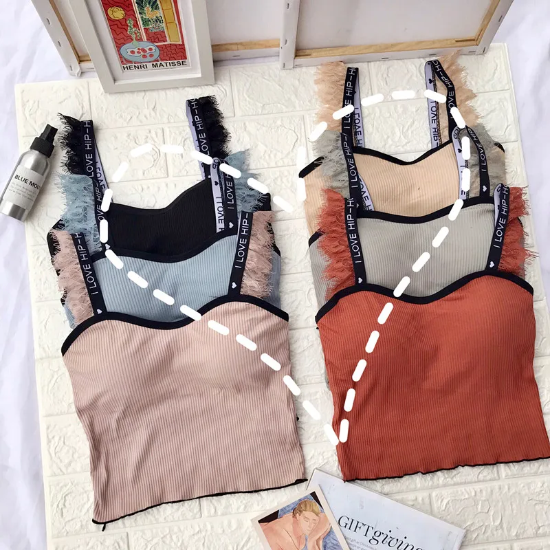 

Patchwork Lace Short Camis Tops With Seperated Pads Women Backless Padding Tanks Crop Tops For Female