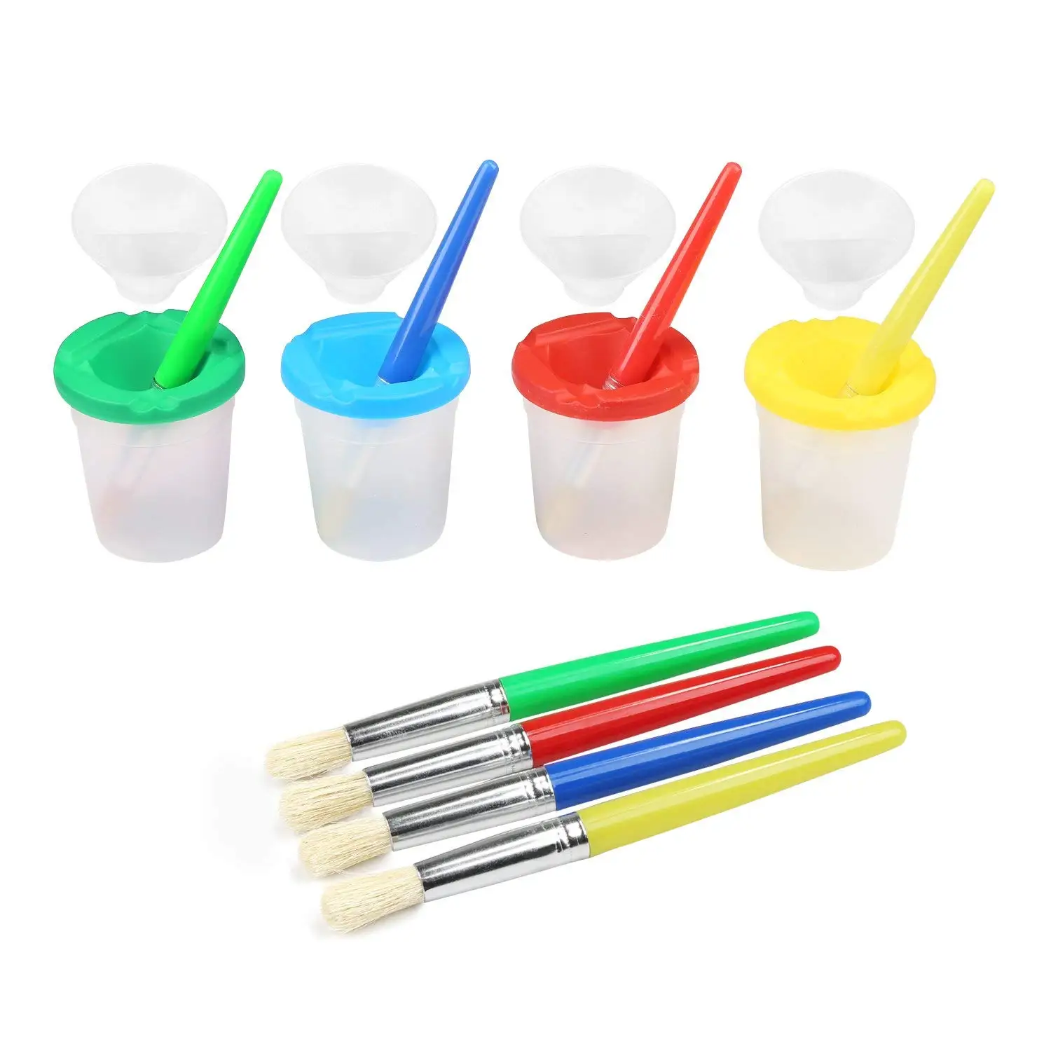 

JFBL Hot 4 Colors Spill-Proof Paint Bottles with Lids and 4 Pieces Assorted Colors Paint Brushes for Children