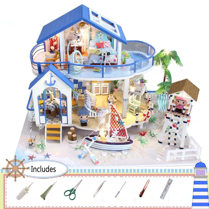 

DIY Miniature Assembly Blue Sea Legend House Model With Light Wooden Dollhouse Educational Toys Children Friends Gift Toys