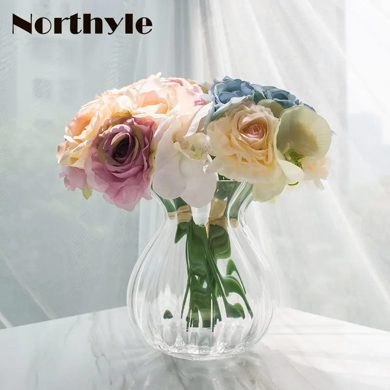 

TZ126327 Artificial Orchid Rose Bouquet Floral Set 2pcs* Orchid Rose Bouquet* 1 Pcs Glass Vase Home Decoration