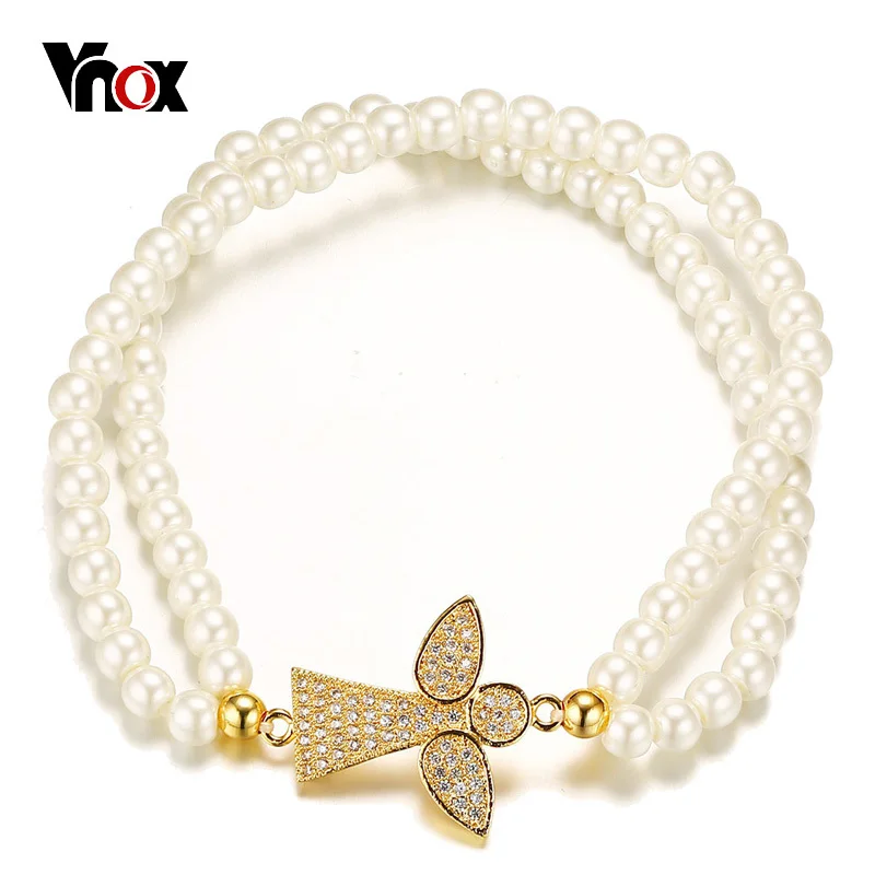 

Vnox Angel Charm Bracelet for Women Elegant Simulated Pearl Beaded Bracelet Femme Daily pulseira Jewelry with CZ Stone