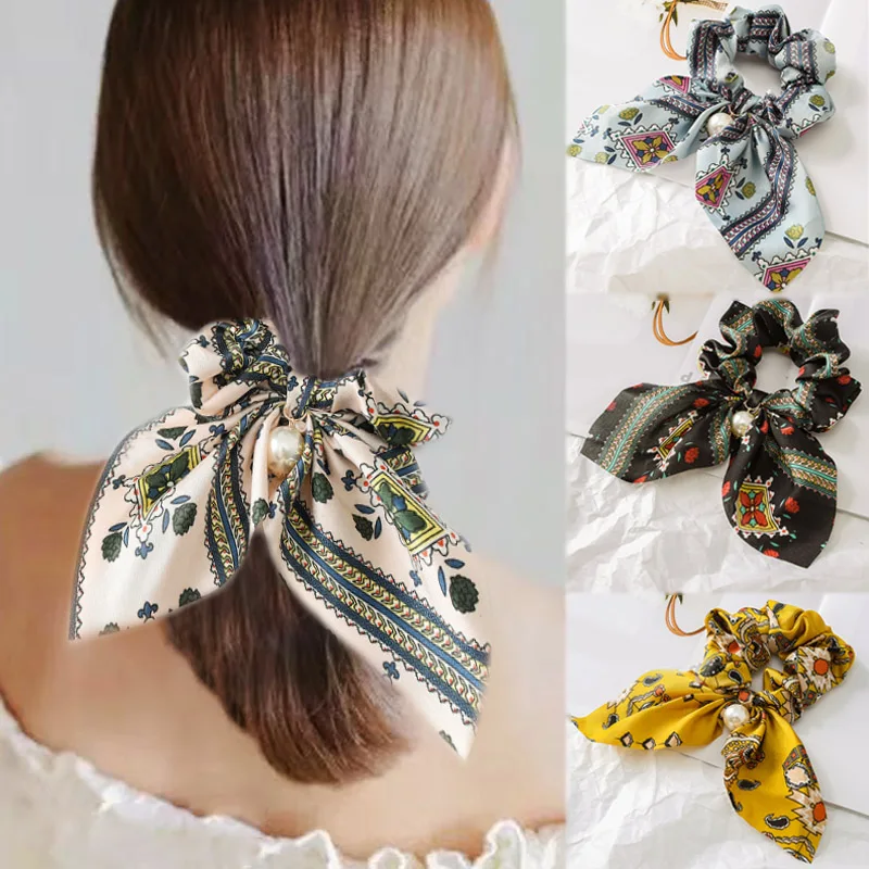 

Flower Exquisite Beautiful Print Seaside Gifts Hair Rope Adjustable Pearl 5 Colors Valentines Gift Elastic 1PC Unique Bowknot