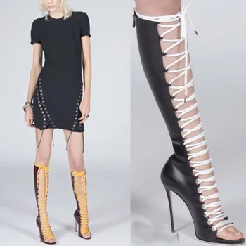 

European Plus Size Crisscrossed Strappy Peep Toe Knee Length High Heel Boots Summer Gladiator Lace Up Open Toe Booties