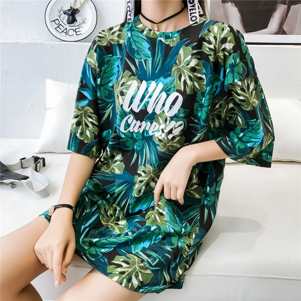 

Hip-Hop bf Graffiti Loose Leaves Printed Short Sleeve T-shirt Women Summer 2019 Casual Tees Tops Loose Camiseta Mujer Green
