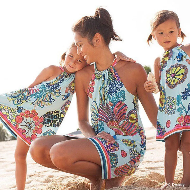 

Mom Girls Beach Clothes Printed Dresses Mother and Daughter Summer Mini Dress Boho Family Matching Sleeveless Halter Belt Dress