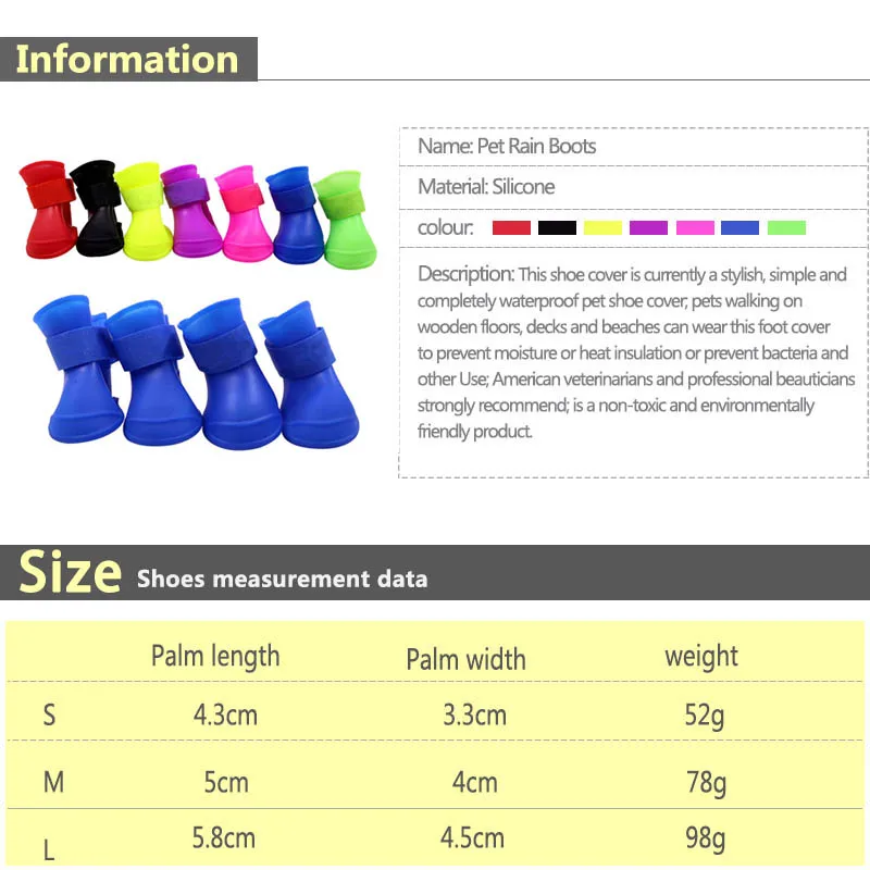 4 шт. силиконовые непромокаемые ботинки для собак, водонепроницаемые прочные непромокаемые ботинки для собак, яркие цвета, сапоги для собак, аксессуары для домашних животных