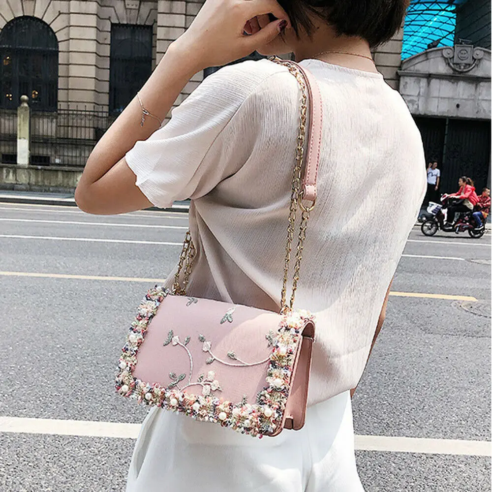 المرأة أزياء حقائب كتف الكروشيه تطريز يدوي المطرزة اللؤلؤ عارضة سلسلة Crossbody حقيبة