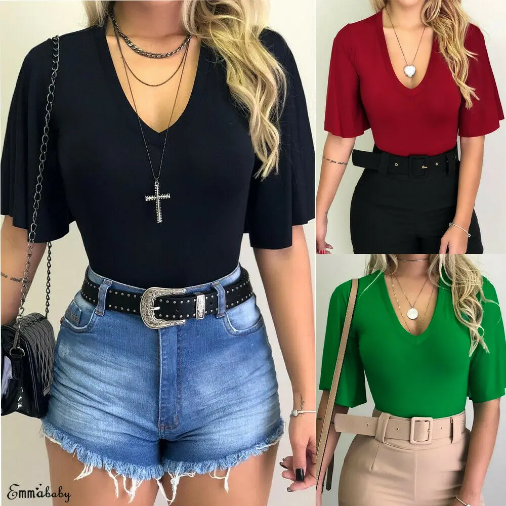 

Summer Womens Ladies Fashion Casual Boho Tops Short Sleeve Loose V Neck Plain T-Shirt Tunic Tops Black Green Yellow Wine Red