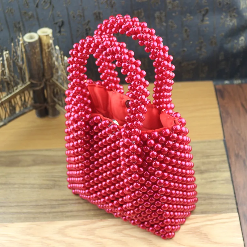 

Hand-Woven Pearl Bags Diy Solid Color Women Beaded Handbag Elegant Evening Bag Retro Handbag
