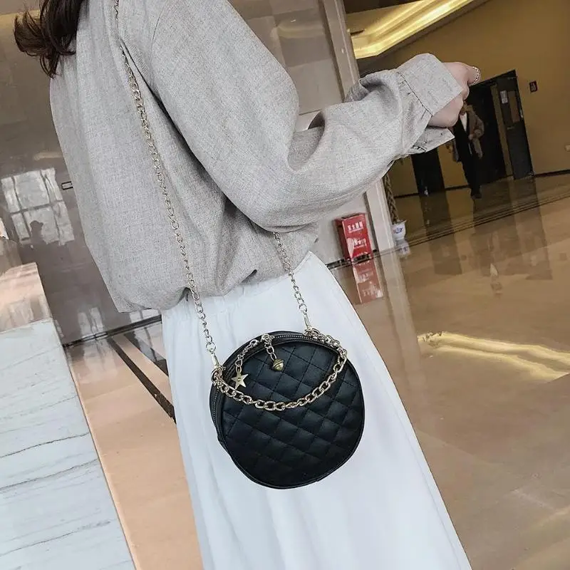 

Solid Color Lattice Small Round Women Handbags for Ladies PU Leather Shoulder Chain Messenger Crossbody Bags 2019 Hot Selling