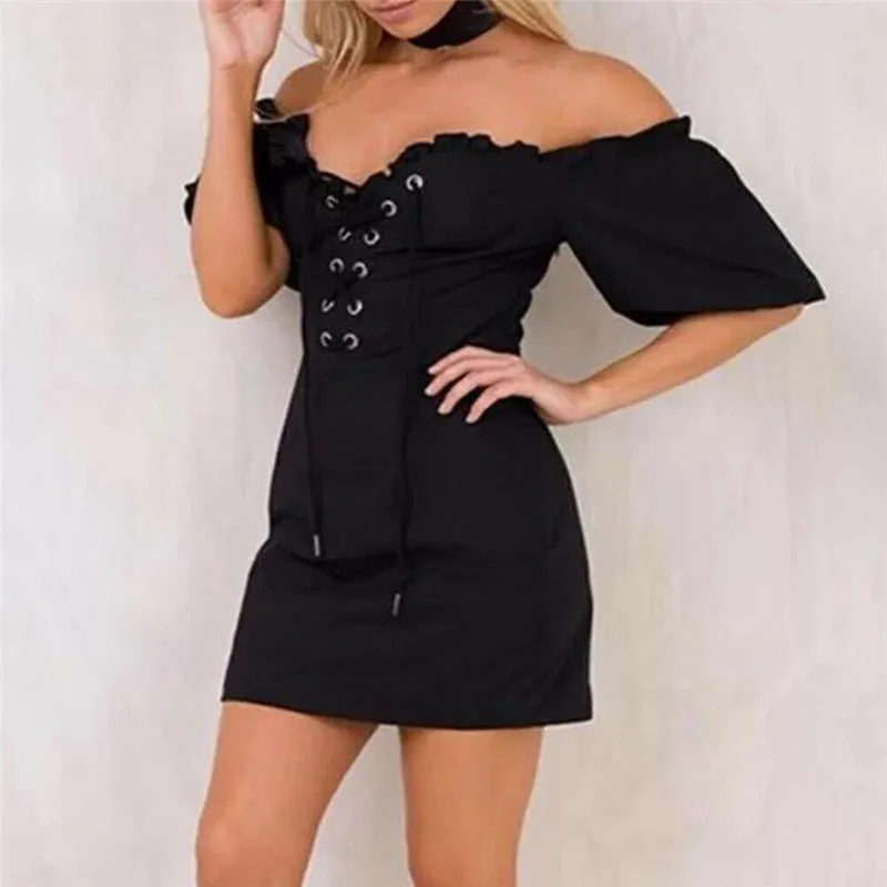 

Off shoulder bandage bodycon sundress Sexy Summer Newest 2019 Women Short sleeve Strapless Slim Club Casual Pencil mini vestidos