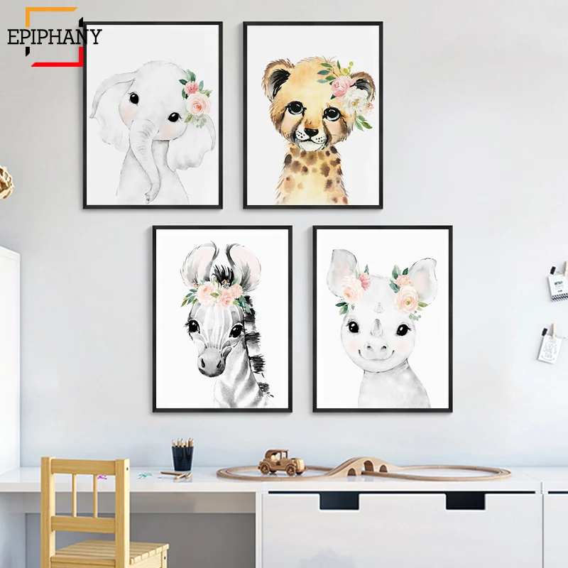 

Watercolor Animal Painting with Blush Pink Flowers Boho Chic Nursery Wall Art Elephant Giraffe Zebra Cheetah Rhino Hippo Picture