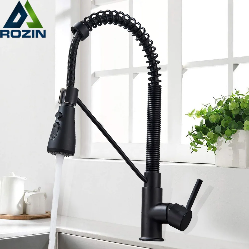 Kitchen Faucet Matte Black Mixers Sink-Tap Deck-Mounted-Spring Pull-Down Cold Hot Spray-Head