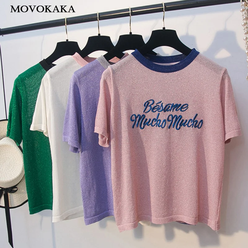 

New Ice Silk Tshirt Knit Funny T Shirt Women Cotton Sexy Basic Tshirts White Embroidered T Shirt Women Sequined Women's Clothing