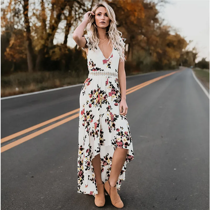 

2019 Summer Dress Women Floral Black White Asymmetrical Dress Casual Lange Maxi Abend Party Cocktail Strandkleid Sommerkleid