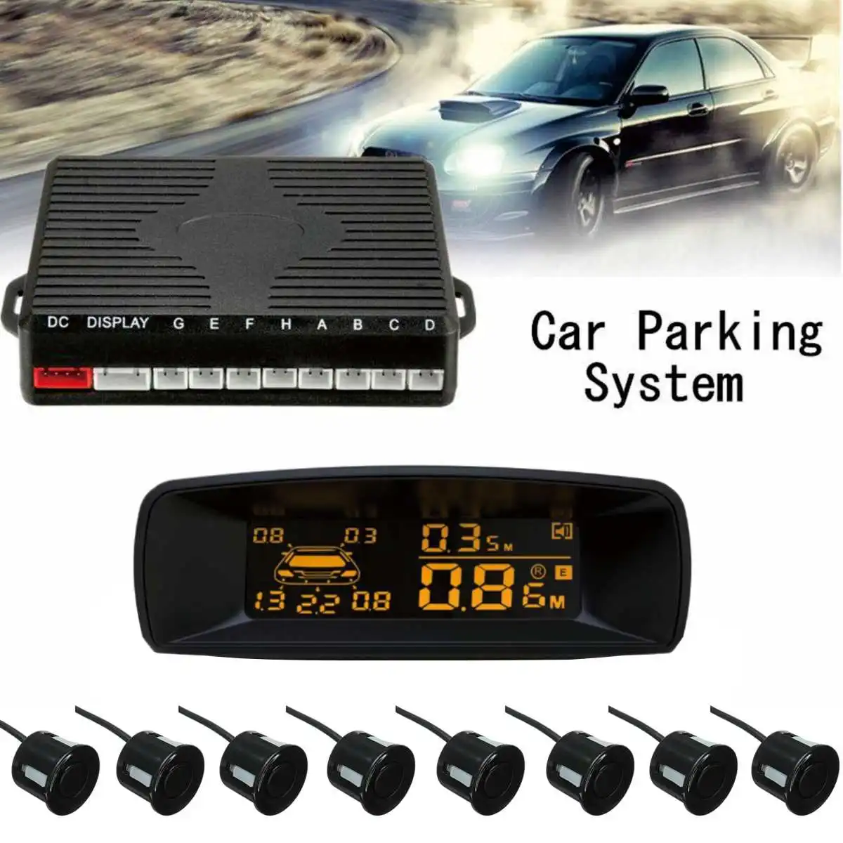 

Car Parking Sensor 8 Sensors rear Front View Reverse Backup Radar System Kit 8 Probes+LCD Display Monitor +Alarm Alert