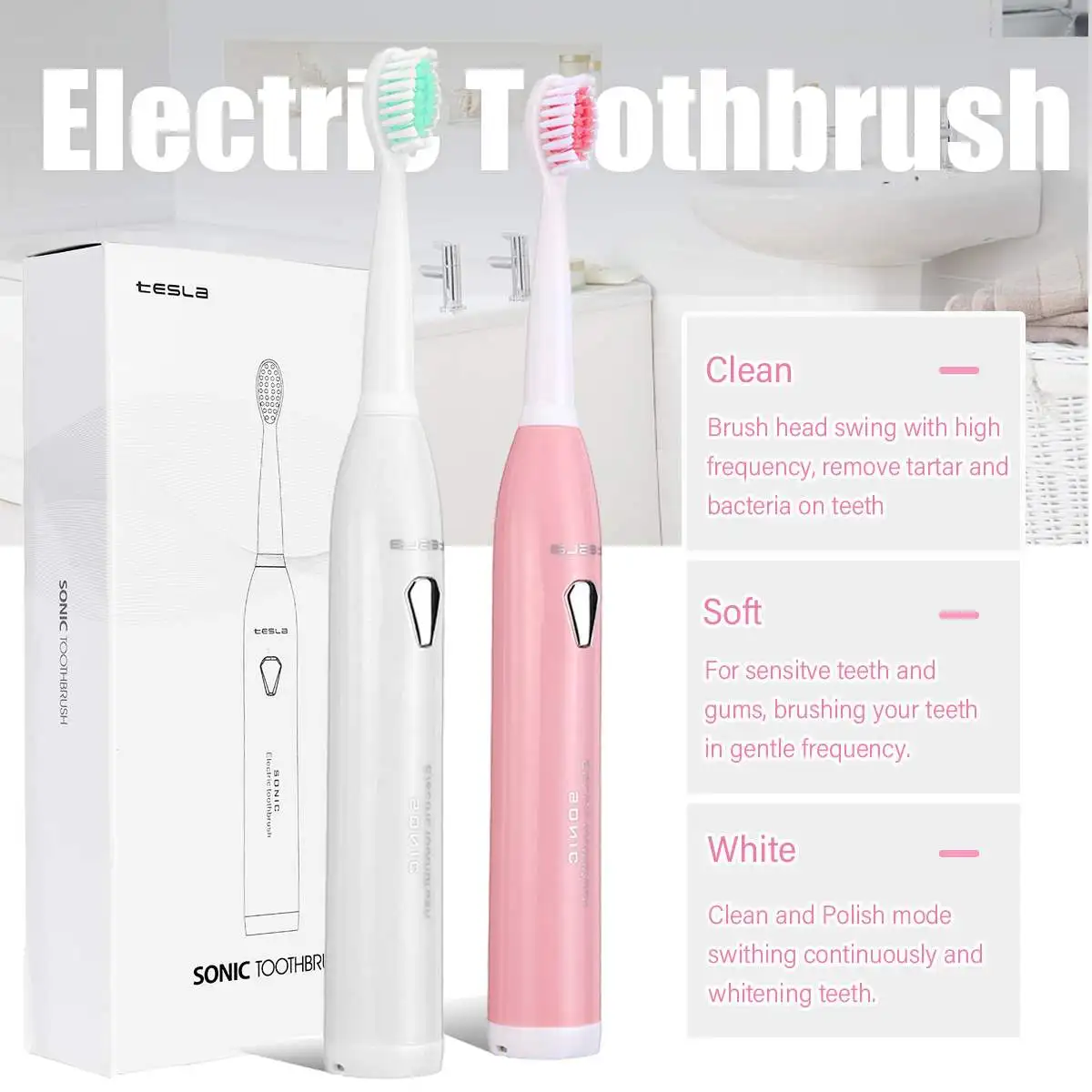 

2 Colors Sonics Electric Toothbrush Oral Care USB Rechargeable IPX7 Waterproof Soft Toothbrush with 2pc Replacement Brush Head