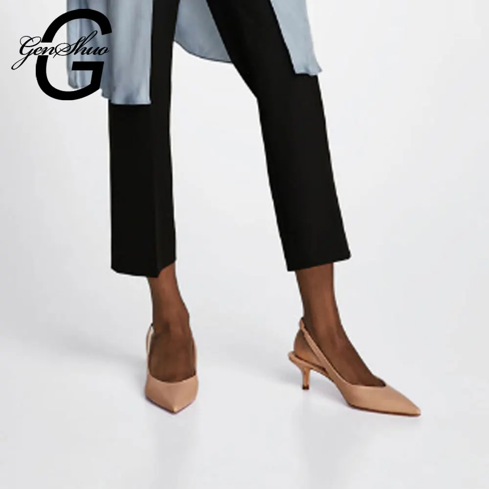 

GENSHUO 2019 New Middle Heeled Thin Heels Pointed Toe Cover Toe Mules Office Ladies Shoes Sandals For Summer Concise Party Shoes