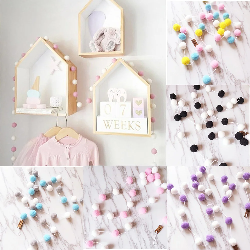 

LVOERTUIG 2M Wool Felt Ball Hanging Fur Pom Pom Garland Kids Room Wall Decor Birthday Party Halloween Decoration(6#,White