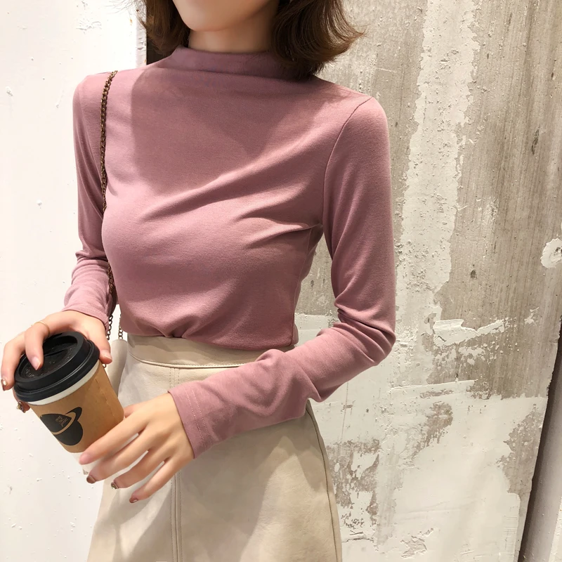 

2018 New Autumn Women Shirts Full Sleeve Turtleneck Slim Half Wet A Modal Day Blouse Shirt Dark Green White Yellow Black 3306