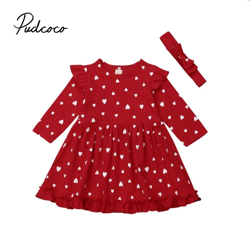 

2019 Brand Toddler Kid Baby Girl Christmas Dress Lovely Spring Autumn Heart Ruffle Long Sleeve Party Wedding Dress Baby Clothes