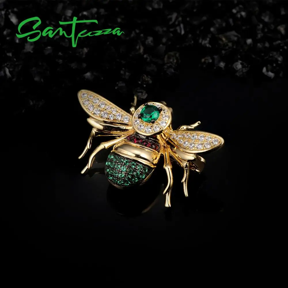 Cena SANTUZZA srebrna broszka dla kobiet autentyczne 100% 925 srebro złoty kolor piękny Bee broszka z owadem Trendy biżuteria