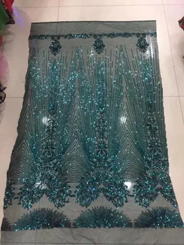 

2019 Latest green French African Lace sequines Fabric High Quality African Embroidered Tulle Lace Fabric For Wedding