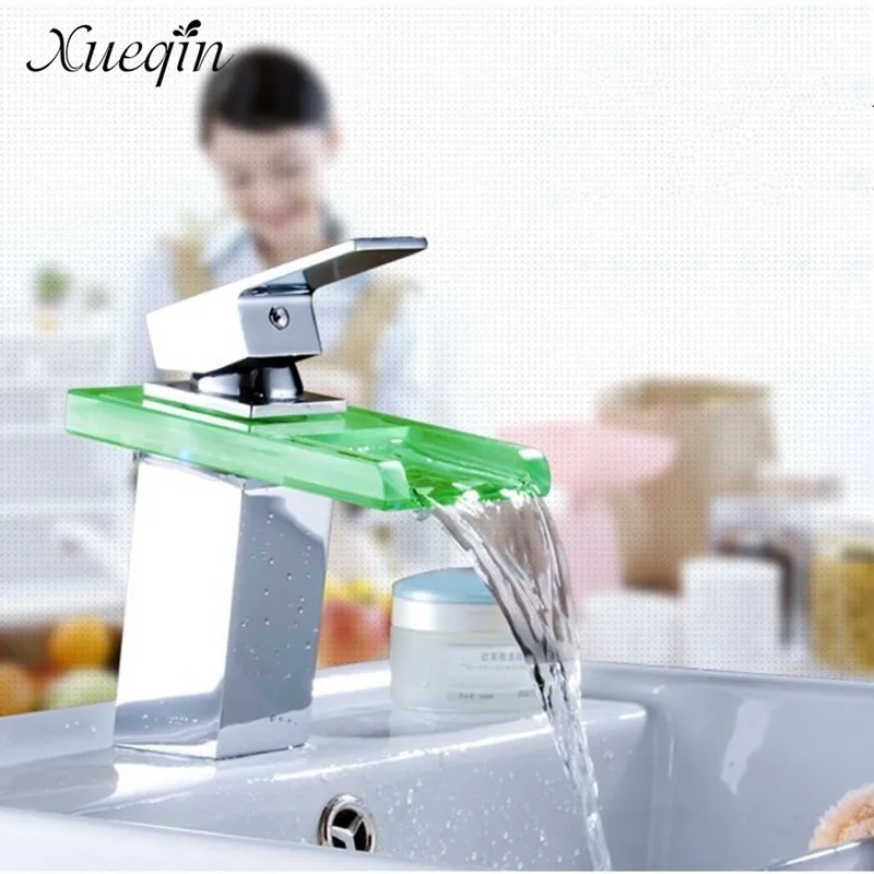  LED Color Changes Glass Waterfall Basin Faucet Bathroom Bath Tub Sink Mixer Tap Single Handle Kitch - 32969530726