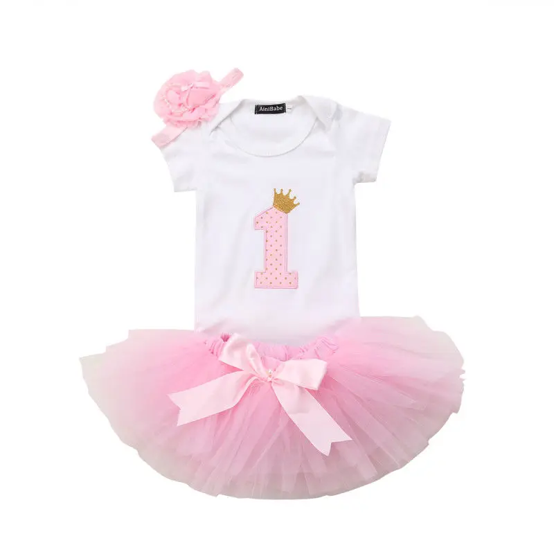 

2019 Newest Style Birthday Kid Baby Girl Romper+Bow Tutu Lace Princess Party Skirt+Headband Adorable Clothes Set 0-1T