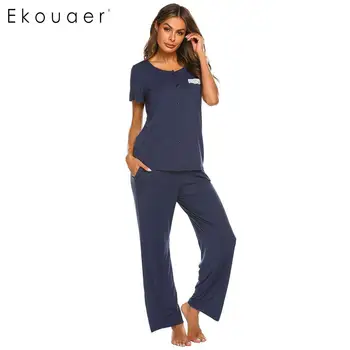 

Ekouaer Women Soft Pajama Suit Homewear O-Neck Short Sleeve Single-breasted Loose Pajamas Set Female Sleepwear Home Clothes