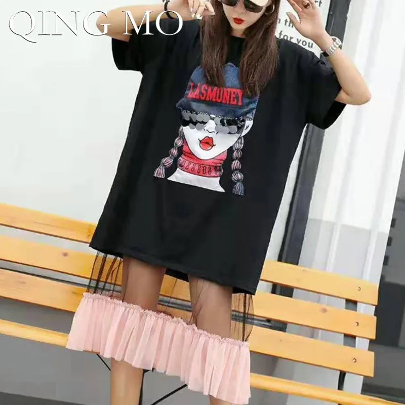 

QING MO Lace Mesh Patchwork Dress Women Character Print Dress Pink Mesh Black T Shirt Dress Summer Patchwork T Shirt ZLDM081