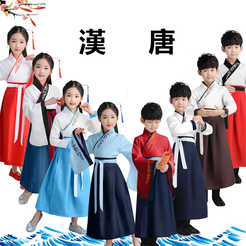 

Kids Traditional Chinese Clothing Baby Girls Ancient Costumes Folk Dance Hanfu Dress Stage Performance Boys Culture Tang Suit