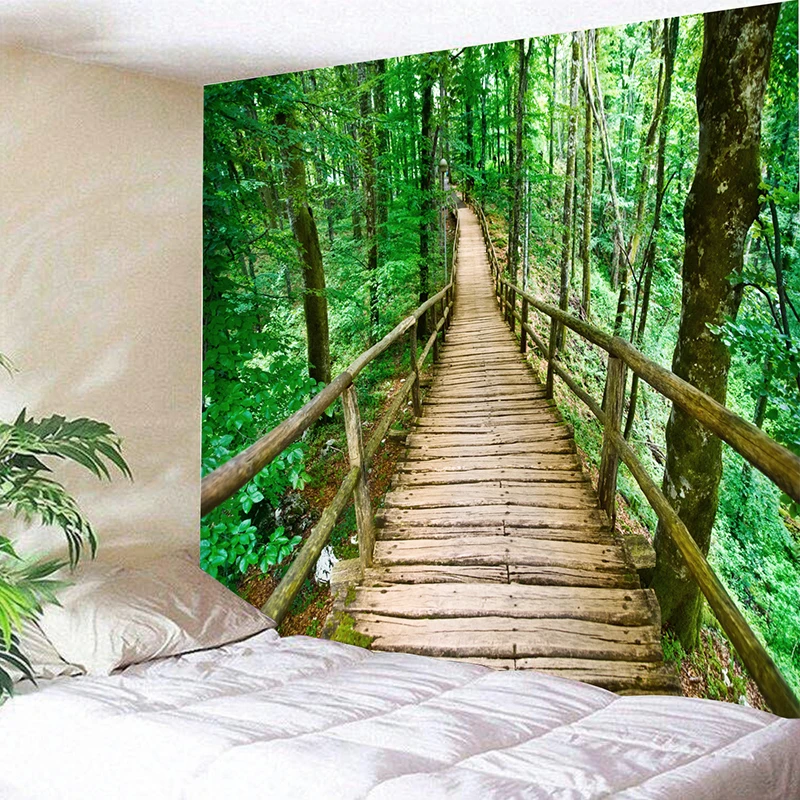 

Beautiful Tapestry Wooden Bridge Trail Woods Forest New Arrival 130x150cm Mandala Indian Hippie Wall Hanging