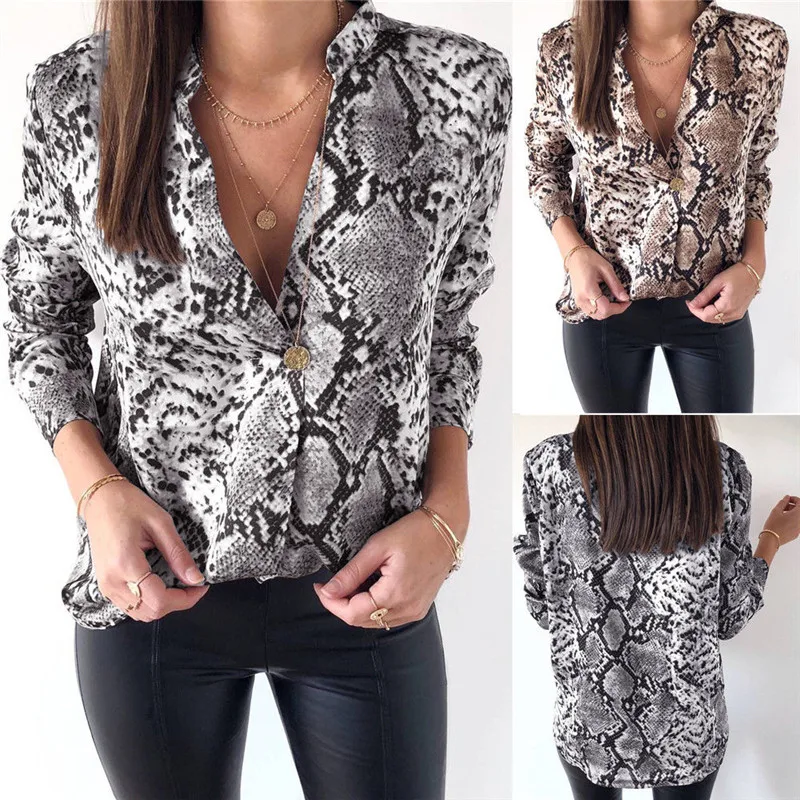 Long Sleeve Loose Blouse Tops Drop Shoulder Mens Womens Snake Skin Shirt Short