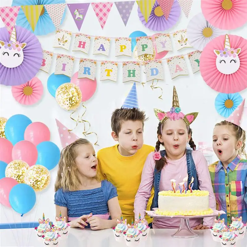 

23Pcs/Pack Unicorn Themed Party Balloons Paper Banner Paper Fan Confetti Balloons For Wedding Birthday Party Decoration