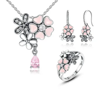 

100% 925 Sterling Silver Pink Flower Poetic Daisy Cherry Blossom Bridal Jewelry Sets Wedding Engagement Jewelry Zhs028