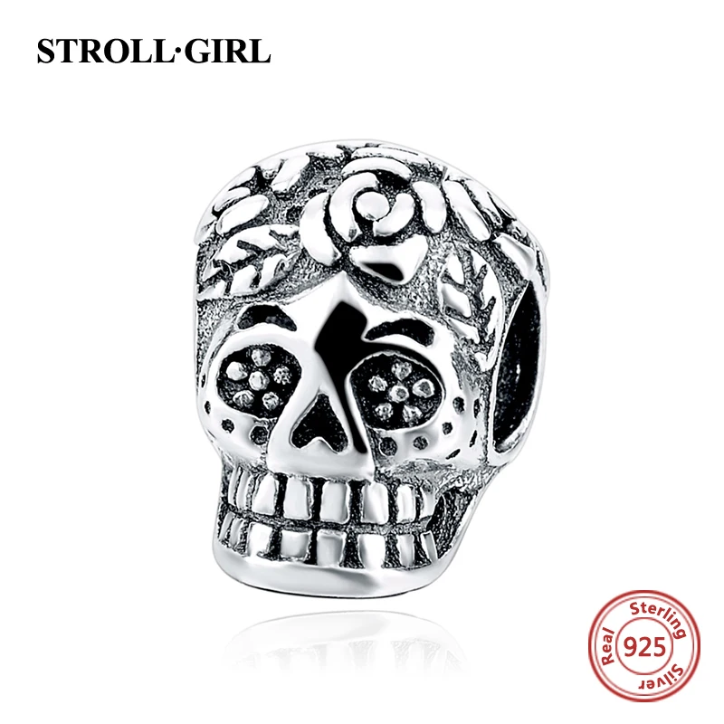 StrollGirl 100% Real 925 Sterling Silver Skull Beads Perhiasan Fit Asli Pandora Gelang Loket Barang Kemas Asli Untuk Ibu