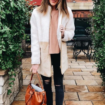 

Warm Fleece Jacket Coat Women Long Sleeve Turtleneck Autumn Winter Thick Teddy Coat Women Female Patchwork Overcoat