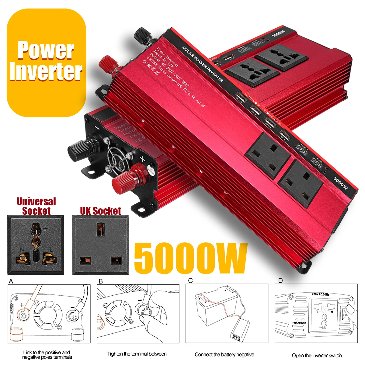 Красный Солнечный инвертор 12V 220V 5000W P eak преобразователь Напряжения DC 12V в AC 220V автомобильный инвертор UK/Универсальный ЖК-дисплей