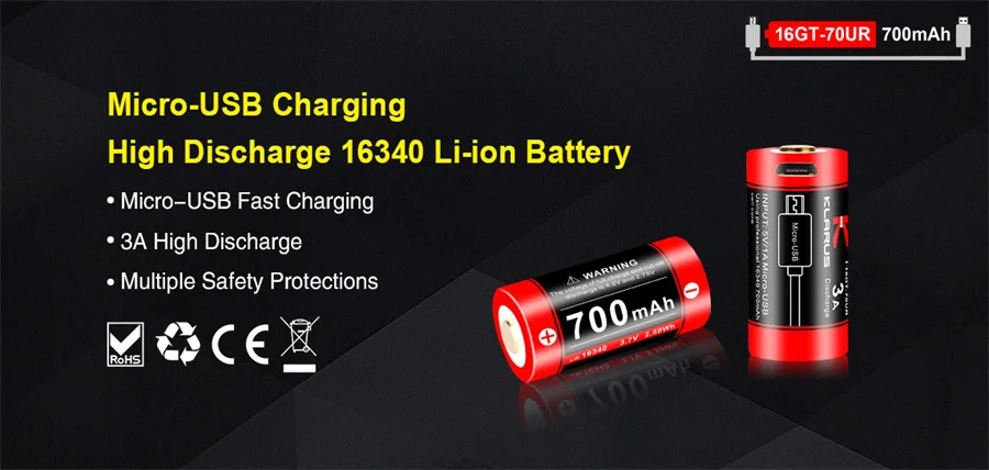 Klarus 16GT 70UR 700 mAh Micro usb Зарядка Высокая разрядка 16340 литий ионная батарея|Портативные
