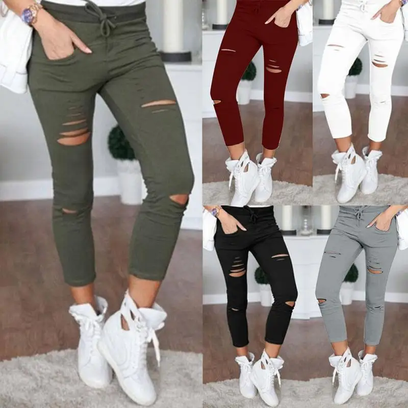 

Plus Size 4XLFashion Women Casual Holes Destroyed Knee Skinny Thin Pencil Pants Trousers Black White Stretch Ripped Pants 2019