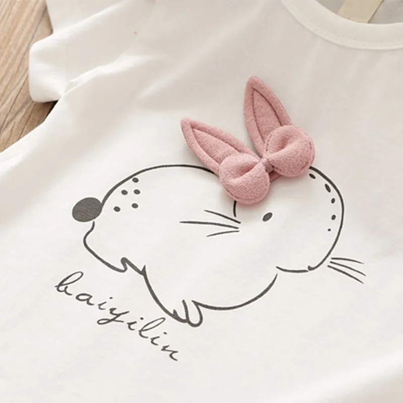 Girls Dresses  New Lovely Girls White Tee Shirt And Pink Dress  2Pcs Clothes Set Girls Easter Dress Children Clothing 