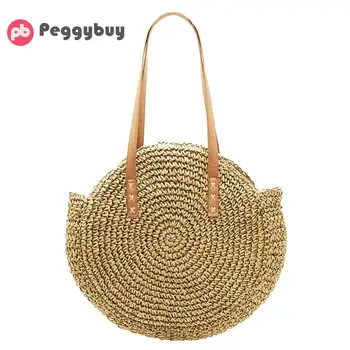 

Portable Natural Ladies Tote Large Handbag Handwoven Big Straw Bag Round Popularity Straw Women Shoulder Bag Beach Holiday Bag