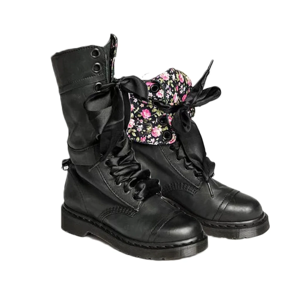 YJSFG/; Домашние мотоботы на шнуровке; женские ботинки до середины икры в стиле ретро с цветочным принтом; Ботинки Martin на низком каблуке; женская обувь; большие размеры