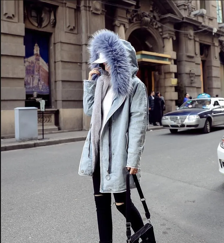 Col D'hiver Femmes Capuche Femelle 2018 Manteau Fourrure Grand Casual Parkas Bleu rose Lâche De À Denim Outwear Coton Veste Épaississement t5qn57pdxw