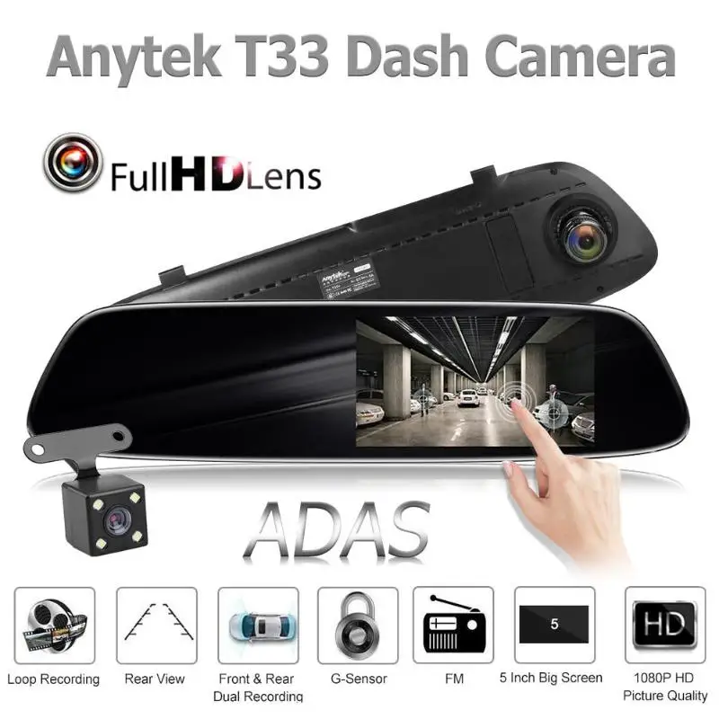 

Anytek Car DVR Camera T33+ 5.0 Inch IPS Rearview Mirror DVR Camera ADAS Dash Cam Video Recorder duble Camera Built-in G-sensor
