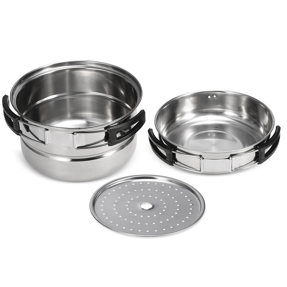 3Pcs Stainless Steel Camping Pot Frying Pan Steaming Rack Picnic Camping Cookware Set Outdoor