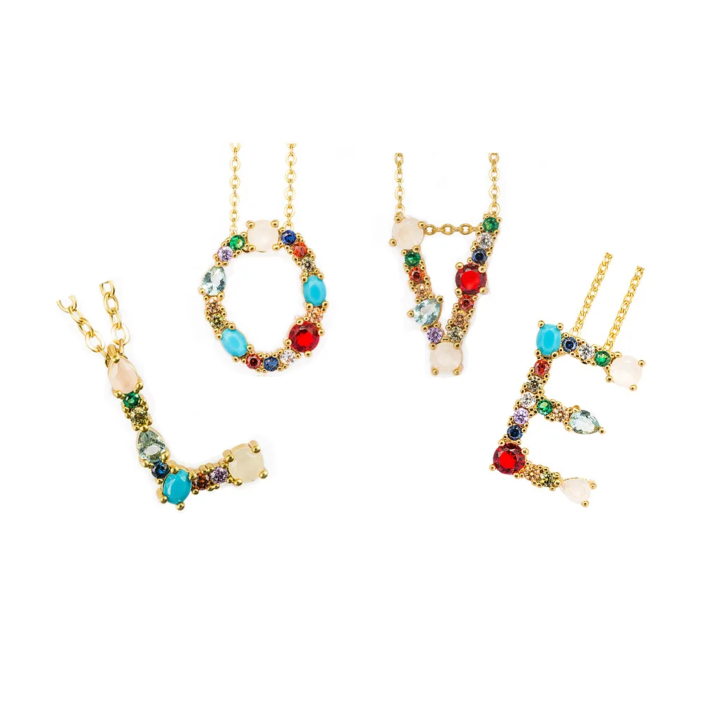 

2019 New Colorful Cubic Zirconia A-Z 26 Letters Pendant Necklaces For Women Gold Chain Letter Initial Necklaces Jewelry Gift