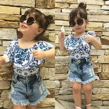 Pudcoco комплект для маленьких девочек От 6 месяцев до 4 лет Топ Футболка+ Рваные джинсовые шорты дети наряды, комплекты на лето пляжный костюм