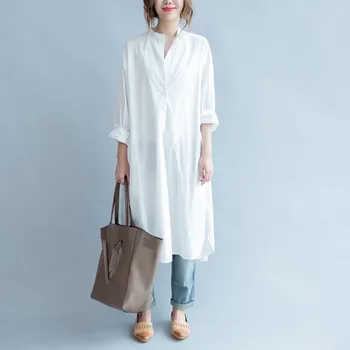 

Women New Vintage Round Neck White Shirt Dress Fashion Solid Loose Mid Dress O-Neck Long Sleeve Casual Dresses